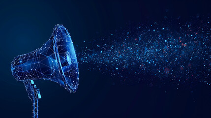 Poster - Megaphone. Abstract digital blue background. Low poly wireframe illustration.