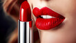 Closeup of red lipstick with woman's lips for beauty and cosmetics concept. ai generative