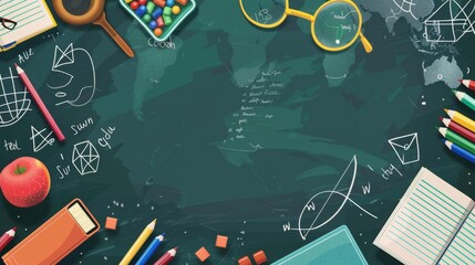 back to school vector background with books, pencil boxes filled of geometric shapes and chalkboard texture on the left side, world map at top right corner, science elements around.