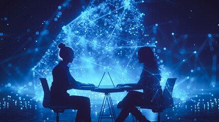 Poster - Silhouette of two businesspeople sitting at table in night office. Technology and communication concept