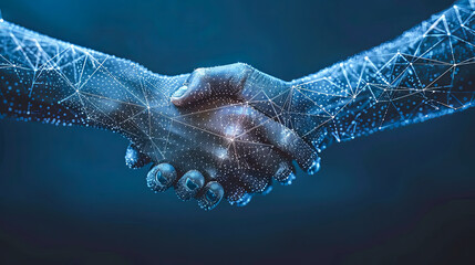 Poster - Handshake of a man and a woman on a blue background. The concept of cooperation and partnership.