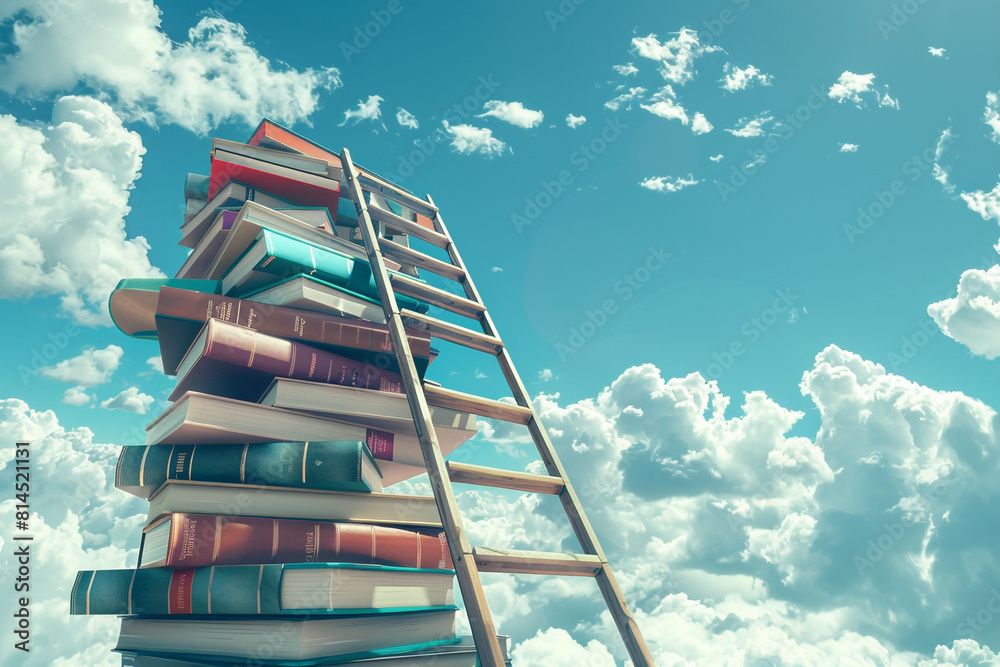 Abstract book stack with ladder on sky with clouds background Ladder ...