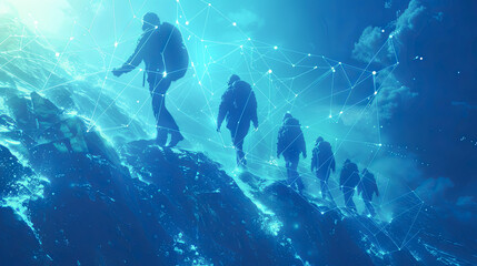 Poster - 3D rendering of a group of people on top of a mountain