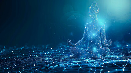 Poster - Man meditating in lotus pose. Futuristic technology concept. 3D Rendering