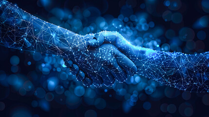 Poster - Abstract polygonal handshake on dark blue background. Technology and partnership concept. 3D Rendering