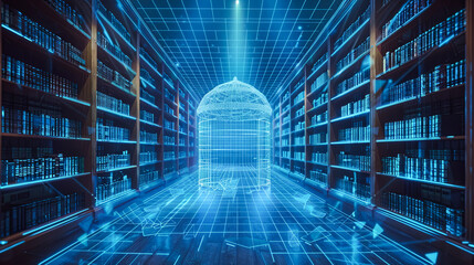 Poster - Abstract blue background with glowing sphere and rows of books. 3D Rendering