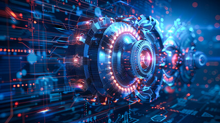 Poster - Abstract gear mechanism on blue background. Technology and innovation concept. 3D Rendering