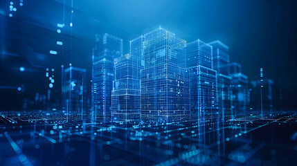 Fototapete - Abstract 3d rendering of skyscrapers on blue background. Technology and innovation concept.