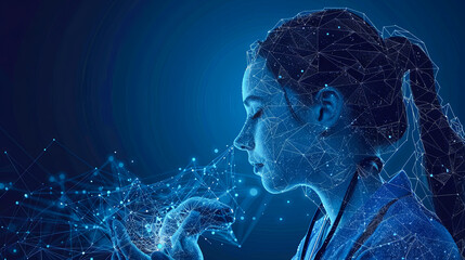 Poster - Image of young businesswoman against blue background with connection lines. Technology concept
