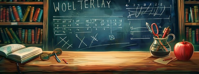 back to school vector background with books, pencil boxes filled of geometric shapes and chalkboard texture on the left side, world map at top right corner, science elements around.