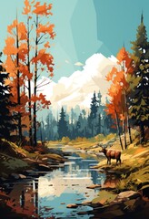 National park vintage colorful posters with deer head moose and and backpack on nature landscapes illustration, Big wild male mammal, Wild Moose in forest jungle, river