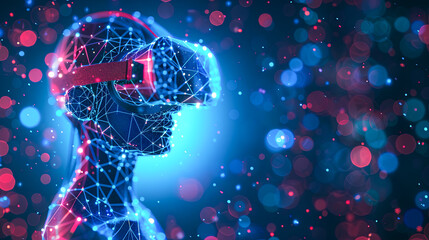 Poster - Virtual reality headset in cyberspace. Polygonal projection of a man in a VR headset. 3d rendering
