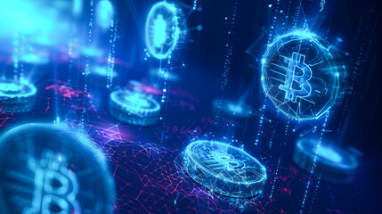 Poster - Digital blue bitcoin hologram on dark background. Cryptocurrency and finance concept. 3D Rendering