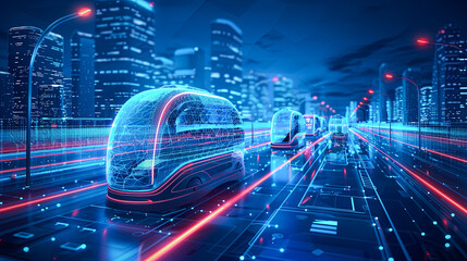 Poster - Abstract futuristic city with high speed train and glowing neon lights. 3D Rendering