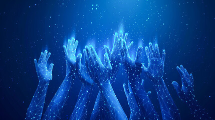 Poster - Human hands with glowing particles. Polygonal design. Vector illustration