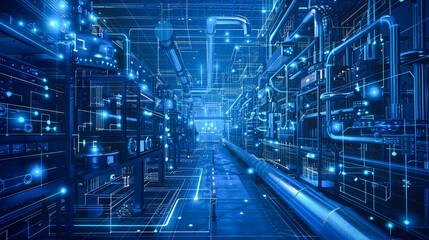 Poster - 3D rendering of a futuristic server room with blue glowing lights.