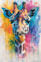 watercolor illustration of colorful giraffe