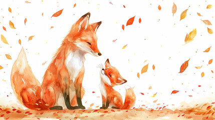 Wall Mural - watercolor illustration of cute mouther fox and baby fox with autumn leaves, cozy illustration, greeting card