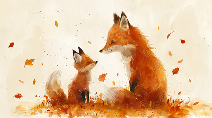 Wall Mural - watercolor illustration of cute mouther fox and baby fox with autumn leaves, cozy illustration, lovely