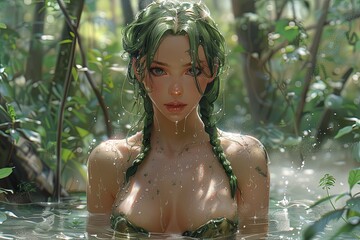 Wall Mural - Cute Anime Woman: Water Dress, Green Hair, Forest Stand
