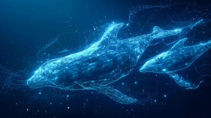 Abstract polygonal whale on dark blue background. Vector illustration.