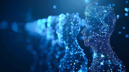 Poster - Abstract polygonal human head on blue background. Artificial intelligence concept. 3D Rendering
