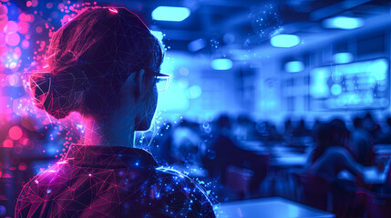 Poster - Side view of young woman in virtual reality glasses. 3d rendering