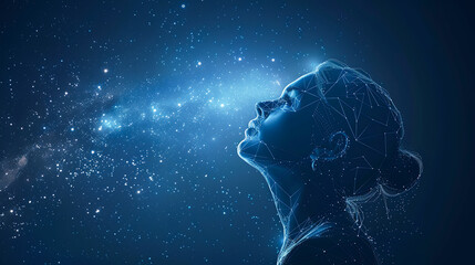 Poster - silhouette of a young woman with closed eyes against galaxy background