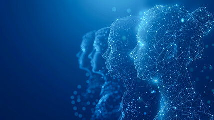 Poster - Abstract polygonal human head on blue background. Artificial intelligence concept