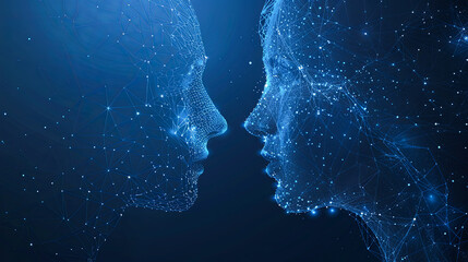 Poster - Abstract polygonal man and woman face on blue background. Artificial intelligence concept