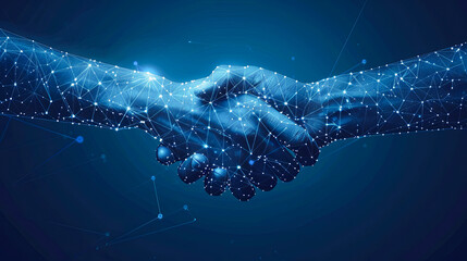 Poster - Handshake of two people. Polygonal abstract background with connected lines and dots