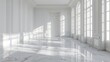 © Kushch - Interior of an empty apartment, a wide room with a marble floor and large windows.