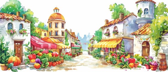 A kawaii watercolor of a lively market street bustling with anthropomorphic flowers and vegetables