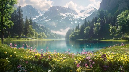 Wall Mural - A tranquil summer morning scene with sunlight reflecting on a still forest lake surrounded by lush green trees