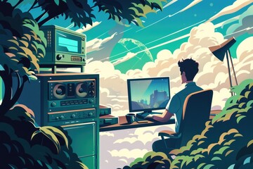 Poster - a man sitting at a desk in front of a computer. suitable for business and technology concepts