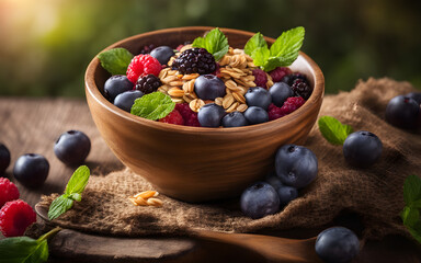 Brazilian acai bowl, vibrant berries, granola, coconut flakes, wooden bowl, morning light