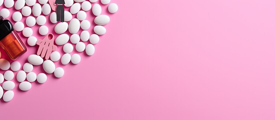 Aufkleber - Top view of a pink background with the silhouette of a family and color pills representing medicine for family health and the prevention of diseases Copy space image