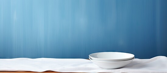 Poster - Copy space image of a white wooden table with a new blue tablecloth featuring an empty plate on top