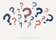 Symbols and signs of a group of hand-drawn question marks arranged in a semicircle. Questionnaire wallpaper. Choice -problem  question  -doubt  or query concept. FAQ. Banner copy space