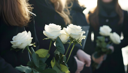 Wall Mural - People in black clothes with white rose flowers outdoors, closeup. Funeral ceremony