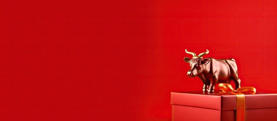 Aufkleber - A cow shaped figurine rests on top of a gift box against a vibrant red backdrop offering abundant free space. with copy space image. Place for adding text or design