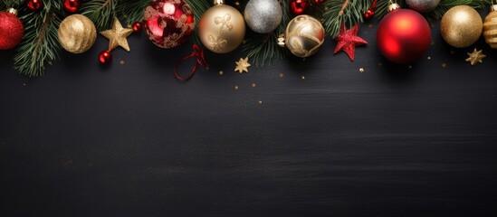 Poster - Top down horizontal photo of Christmas decorations on a black chalkboard backdrop Provides copy space for text and web print design elements