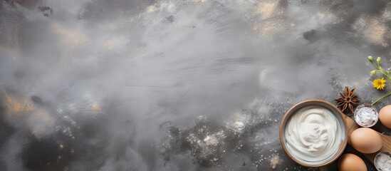 Aufkleber - A top down view of a grey baking background frame It features a spoon with flour dishes eggs butter salt and a rolling pin Ample copy space is available