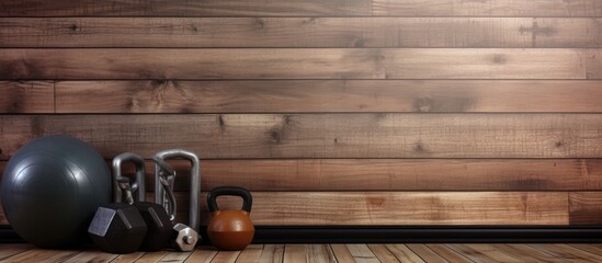Poster - Wooden background with fitness equipment and copy space image