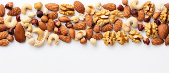 Aufkleber - A top down view of mixed nuts placed on a plain white background with ample copy space for additional content