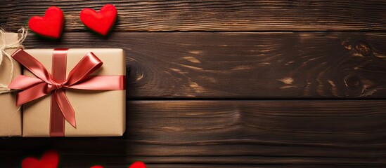 Poster - A copy space image depicting a festive Valentine s Day theme with gift boxes arranged on a wooden background The presents are wrapped in craft paper adorned with red ribbon bows and heart decorations