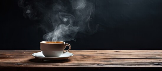 Poster - A copy space image showcasing a steaming cup of tea placed on a wooden table