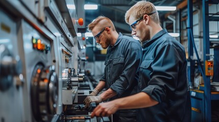 Amidst the hum of machinery, two male engineers conduct a side view inspection of CNC components, ensuring flawless performance. 