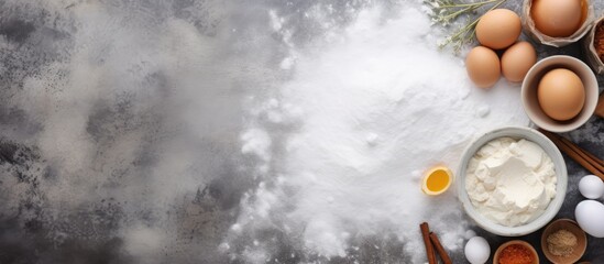 A top down view of ingredients for baking including flour sugar eggs and more arranged on a light stone table with ample room for text or additional images