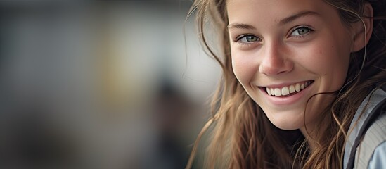Poster - A teenager with an expressive smile focused on her studies. with copy space image. Place for adding text or design